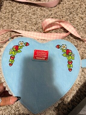 Loungefly Heart Crossbody in Light Blue with Pink Gingham Strap